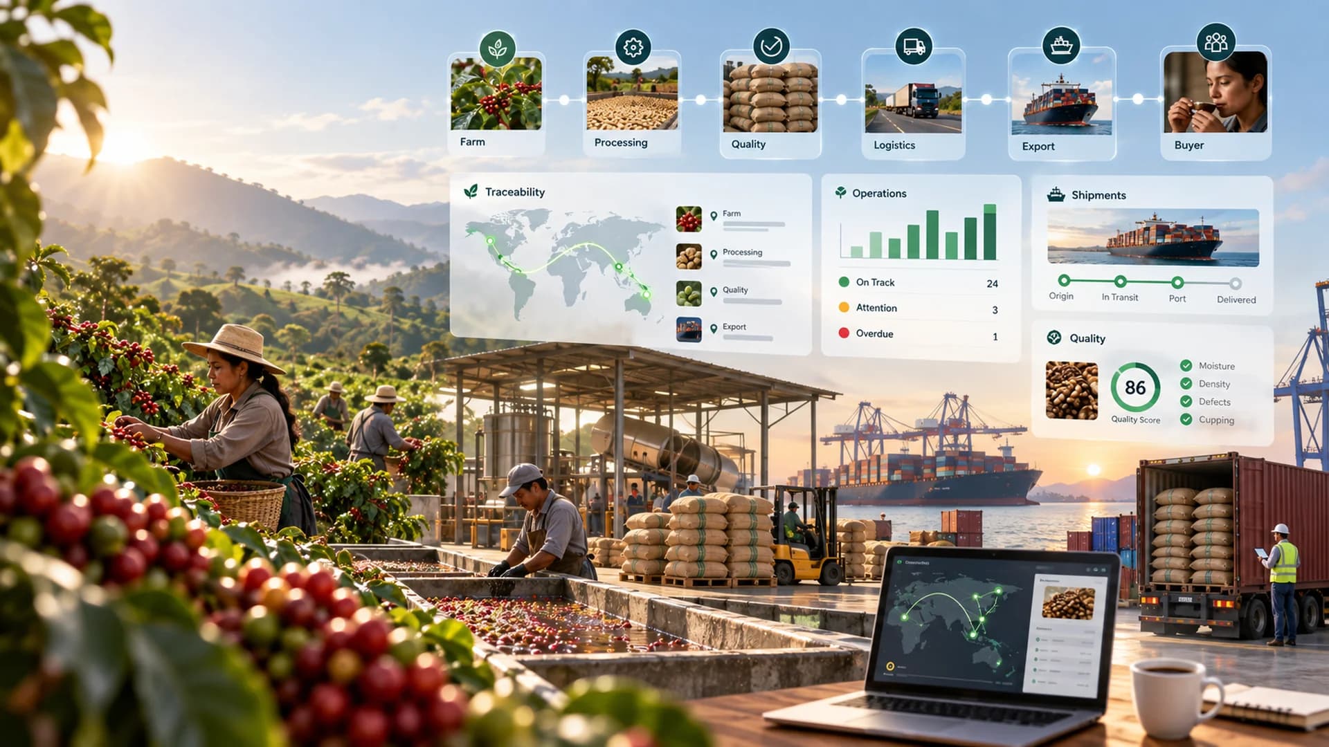 Coffee operations from farm and processing through logistics, export, and operational dashboards